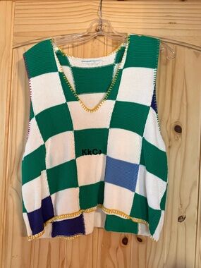 KkCo Checkerboard Knit Vest in Green & White